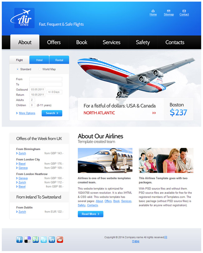 大气蓝色航空公司html5模板